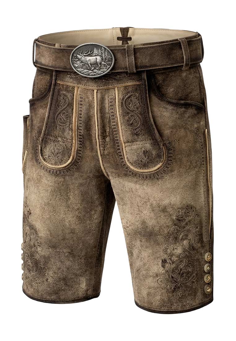 Gams Bock Lederhose Achim hellbraun Frontansicht mit sichtbaren Gesässtaschen und Gürtelschlaufen. Die Hose weist eine aufwendige Stickerei und eine dezente Waschung auf.