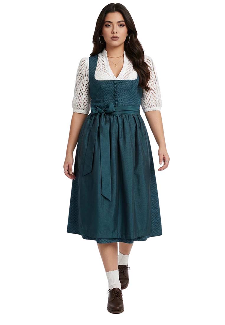 Madame Marie Dirndlbluse Norelin weiss, Frontansicht der Bluse mit Puffärmeln und traditionellem Ausschnitt, kombiniert mit einem dunkelgrünen Dirndl und Schürze.