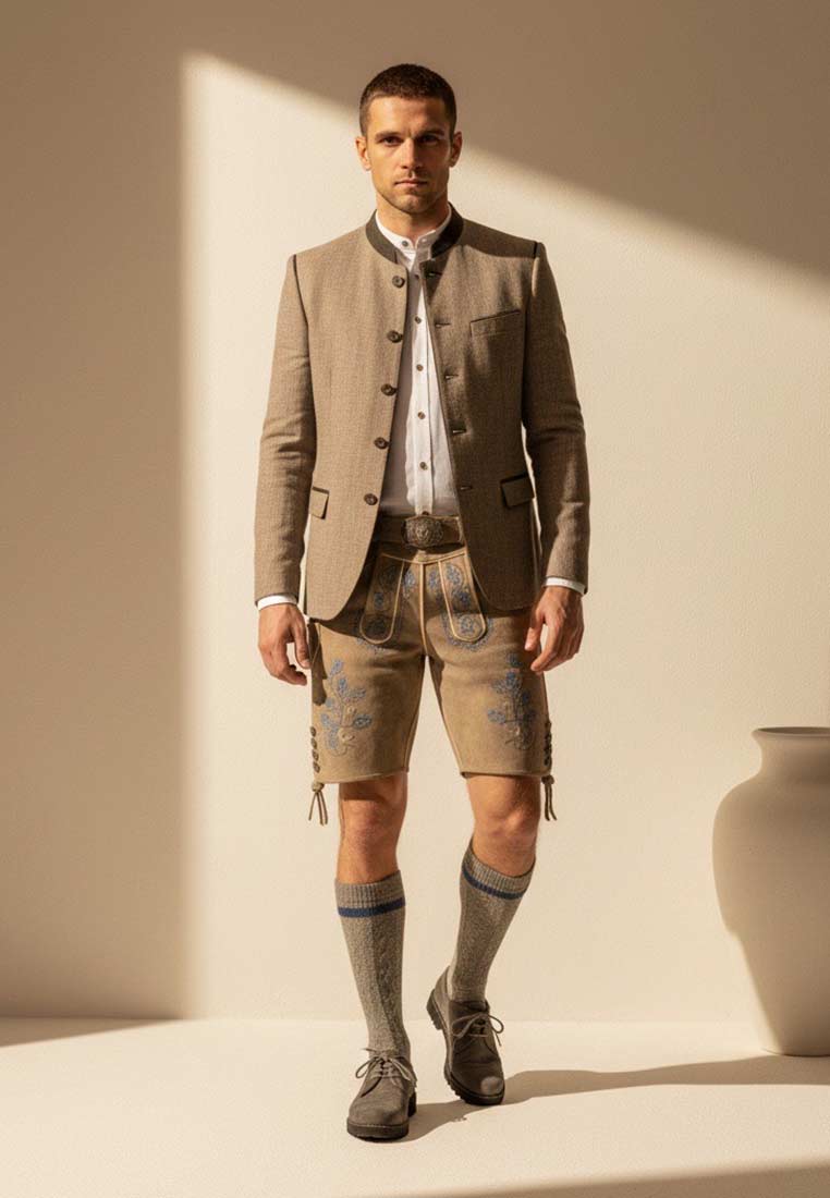 Maddox Lederhose Mattsee sand, Frontansicht, mit Stickerei und seitlichen Schnürungen. Sandfarbene Trachtenlederhose mit Latz und sichtbaren Taschen. Hochwertige Verarbeitung.