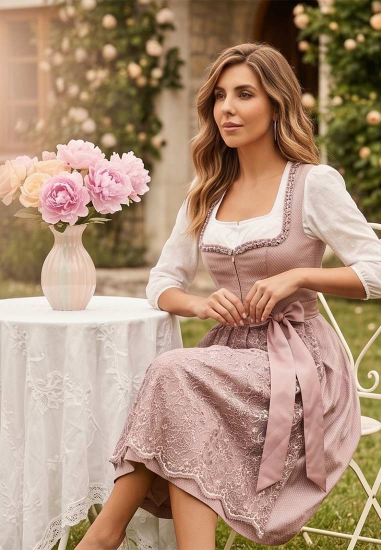 MarJo Trachten Dirndl Wernberg perlrosa 58 cm, Frontansicht. Ein elegantes perlrosa Dirndl mit Schnürung und farblich passender Schürze.