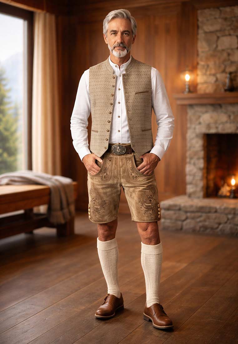 Kaiseralm Trachtenweste Emil in Braun, Frontansicht. Die Weste hat eine Knopfleiste und zwei aufgesetzte Brusttaschen.