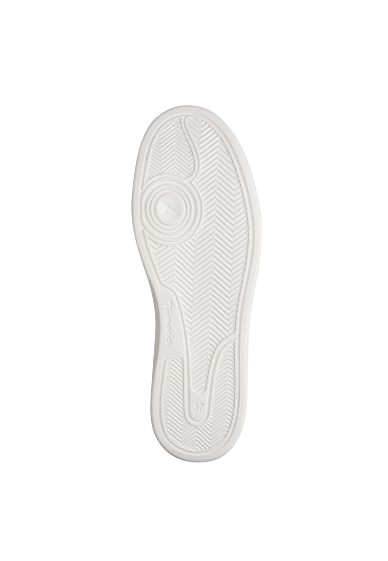 Tamaris Oktoberfest Sneaker champagner, Detailansicht der weissen Sohle mit Fischgrätenmuster und Markenschriftzug.