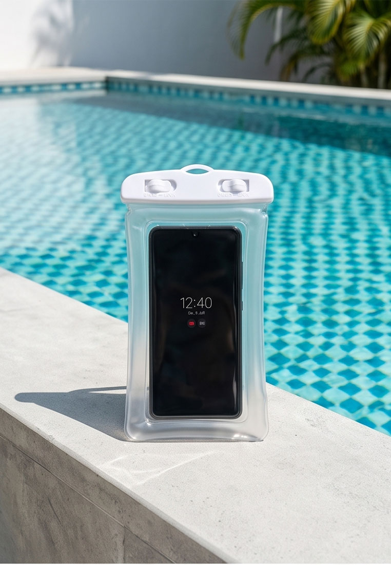 Home sweet Home Wasserdichte Handyhülle in transparent/klarer Frontansicht mit zwei Verschlüssen und integriertem Smartphone.
