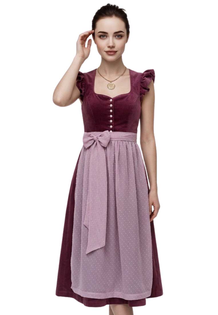 Madame Marie Dirndl Soralyn Samt pflaume (borderaux) 65 cm, Frontansicht. Elegantes Dirndl aus Samt in Bordeaux mit passender Schürze in Puderrosa mit Pünktchenmuster. Das Mieder ist mit einer Knopfleiste und Rüschenärmeln gestaltet.