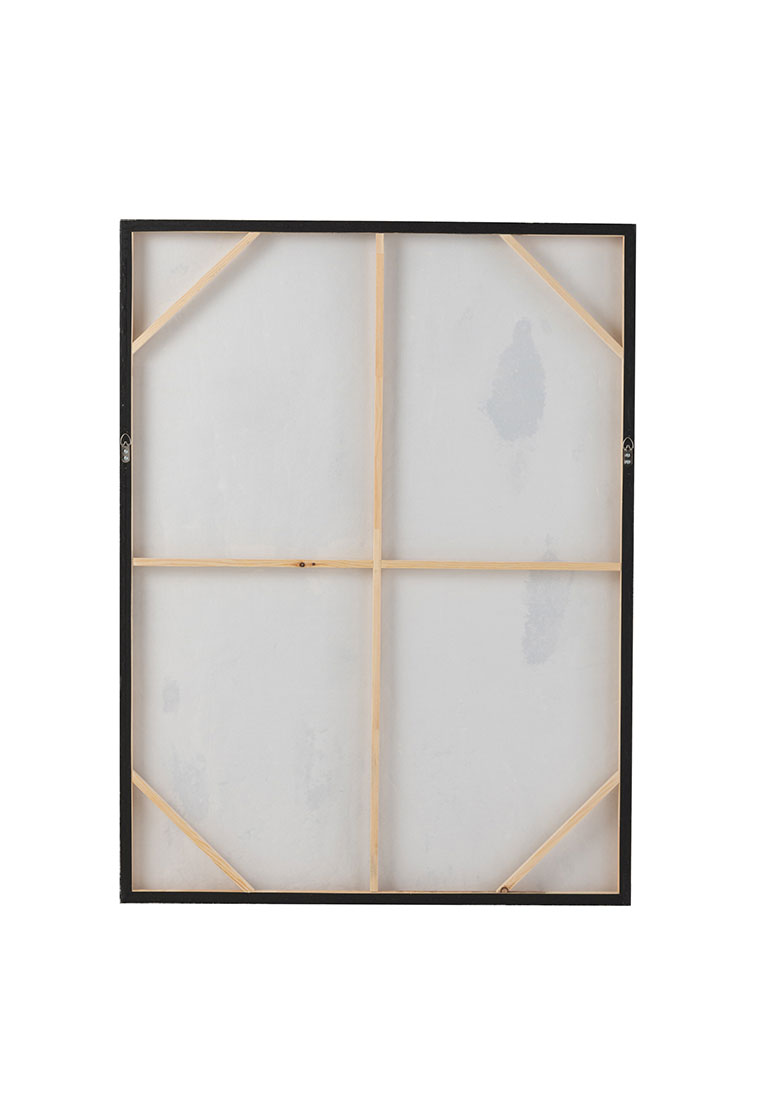 Rückansicht eines J-LINE Leinwandbild Grace in Grau mit Holzrahmen und Aufhängevorrichtung.