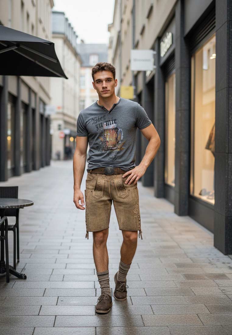 Stockerpoint Haferlschuh Baker dunkelbraun: Frontansicht eines Mannes in dunkelbraunen Haferlschuhen mit sichtbaren Schnürsenkeln und einer klassischen Nahtführung.