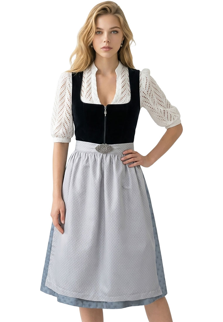 MarJo Trachten Dirndl Grafling marine 65cm, Frontansicht, in Grau und Schwarz, mit einem Reißverschluss vorne und einer Schürze mit Muster.