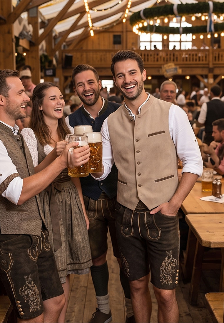 Gweih&Silk Lederhose Jerry dunkelbraun, Frontansicht. Die Hose ist aus dunkelbraunem Leder mit sichtbaren Stickereien und Knöpfen.