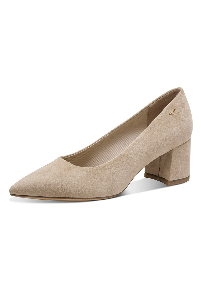 Tamaris Pumps Monique in Ivory, Frontansicht, mit spitzer Zehenpartie und Blockabsatz, aus Wildleder.