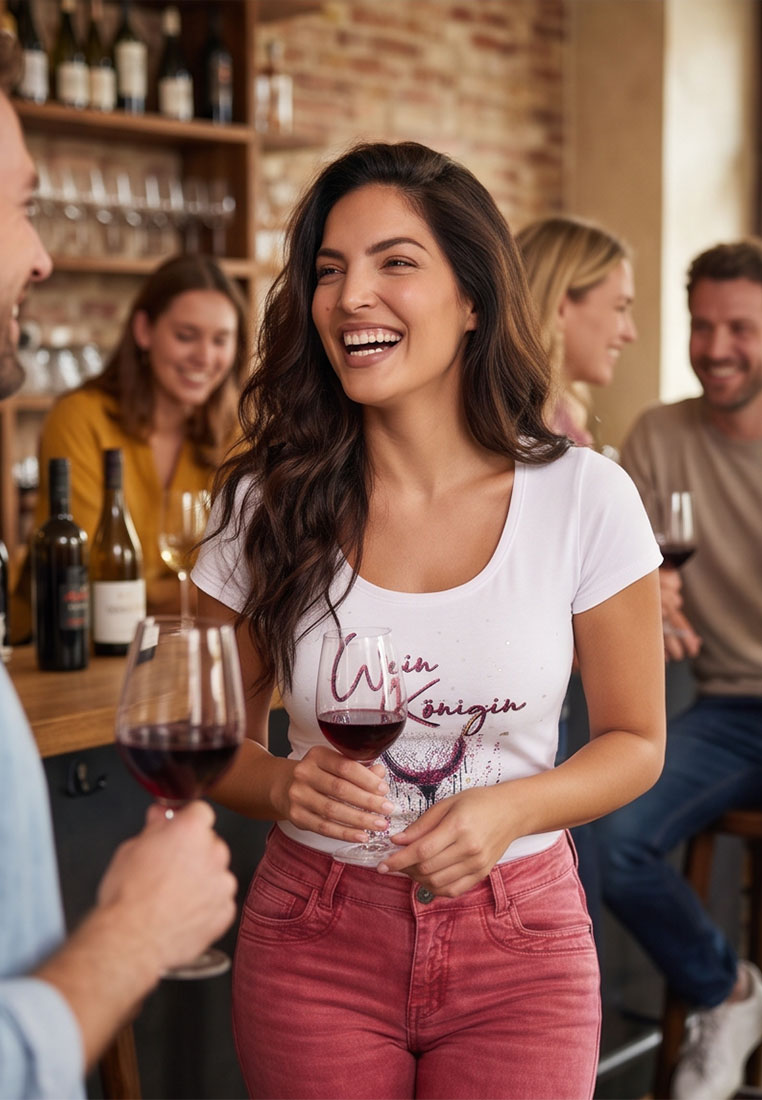 Hangowear Damenshirt Weinkönigin weiß Frontansicht mit Schriftzug und Glitzer, kurzärmelig und tailliert geschnitten.