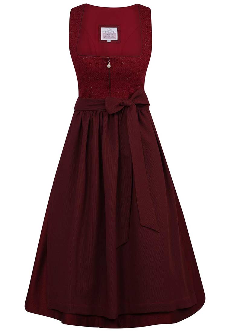 MarJo Trachten Dirndl Ernsthofen bordeaux, Frontansicht eines bordeauxfarbenen Dirndls mit Stehkragen, Reissverschluss vorne und Schürze.
