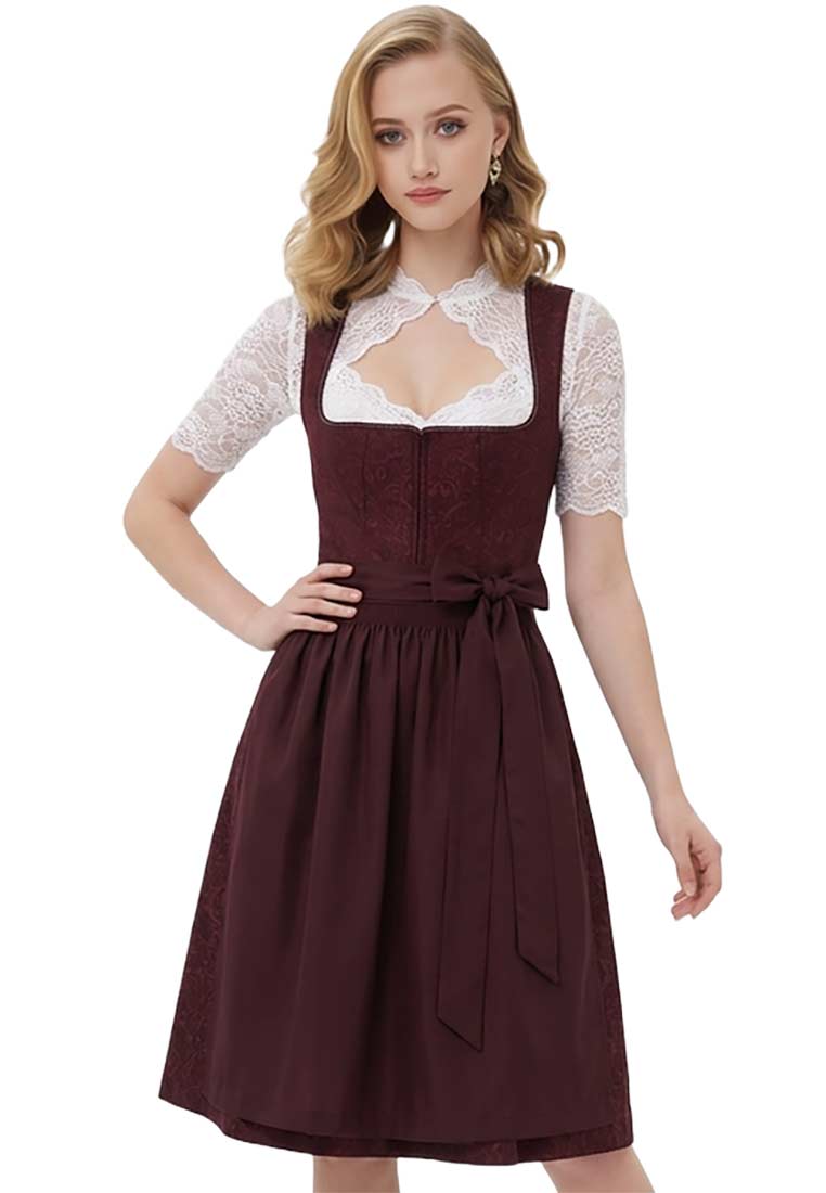 Trachten Deiser Dirndl Babsi bordeaux 60 cm in Frontansicht, mit einem Band in der Taille und einem dezenten Muster auf dem Oberteil.