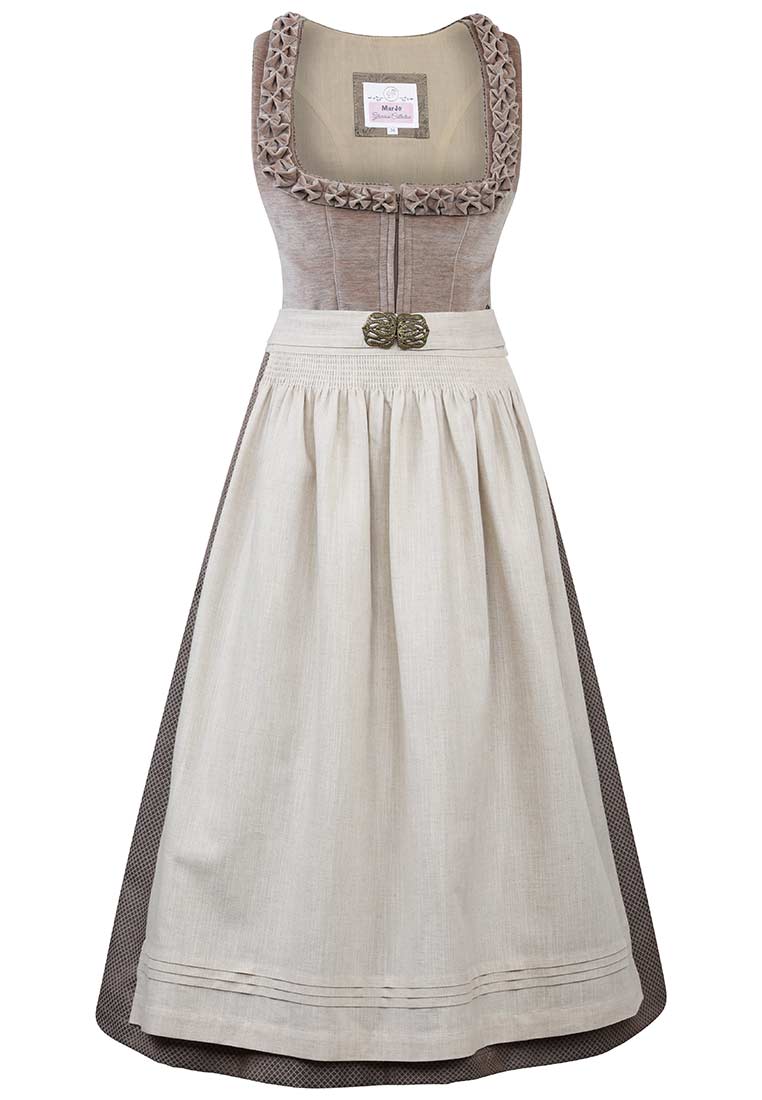 MarJo Trachten Dirndl Polling sand 70 cm Frontansicht in sandfarbener Leinenoptik mit floralem Kragen und Hakenverschluss.