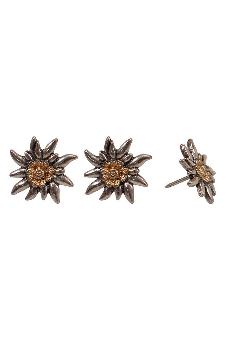 Drei Alpenflüstern Ansteck Pins Edelweiss mini in silberfarben mit goldfarbenem Zentrum, Vorder- und Seitenansicht.