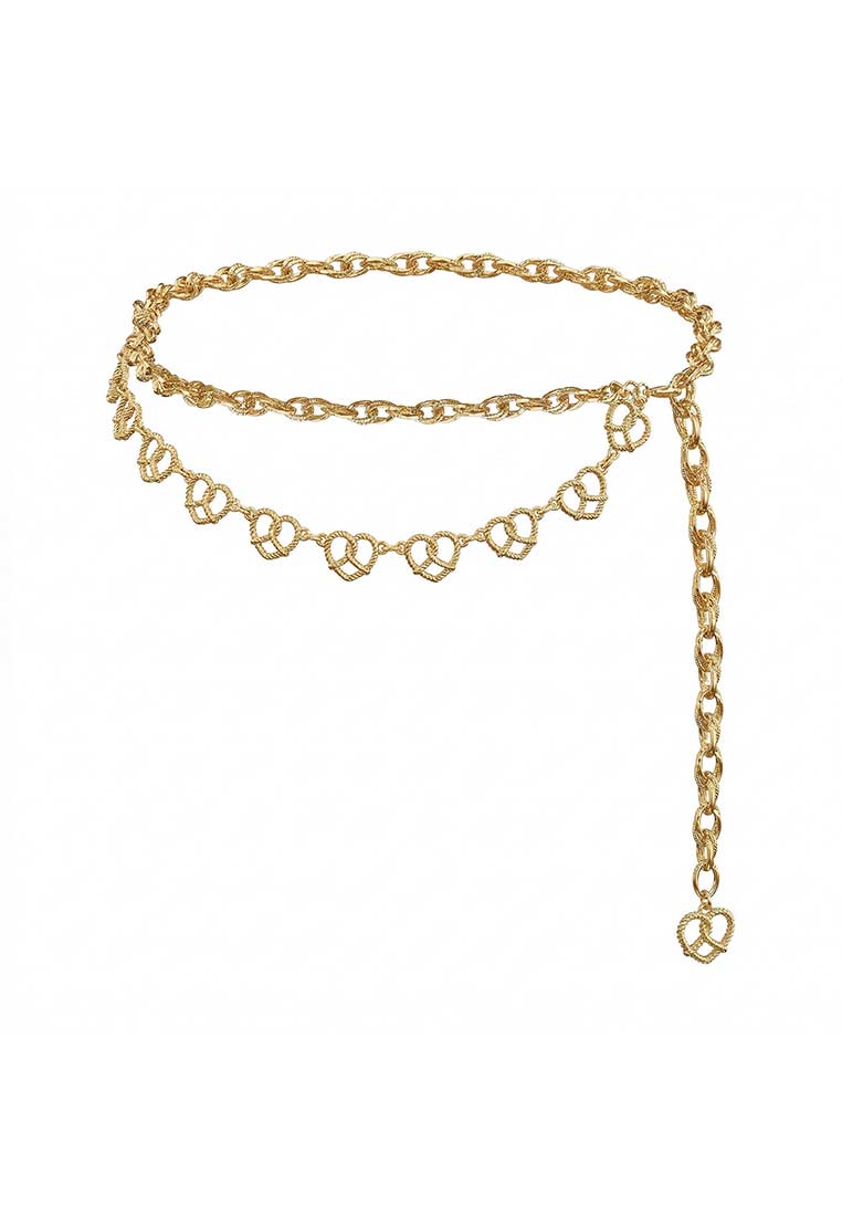 Alpenflüstern Dirndl Schürzenkette Brezenherz gold, Frontansicht, mit mehreren filigranen Brezenherz-Anhängern und einem verstellbaren Kettenende.