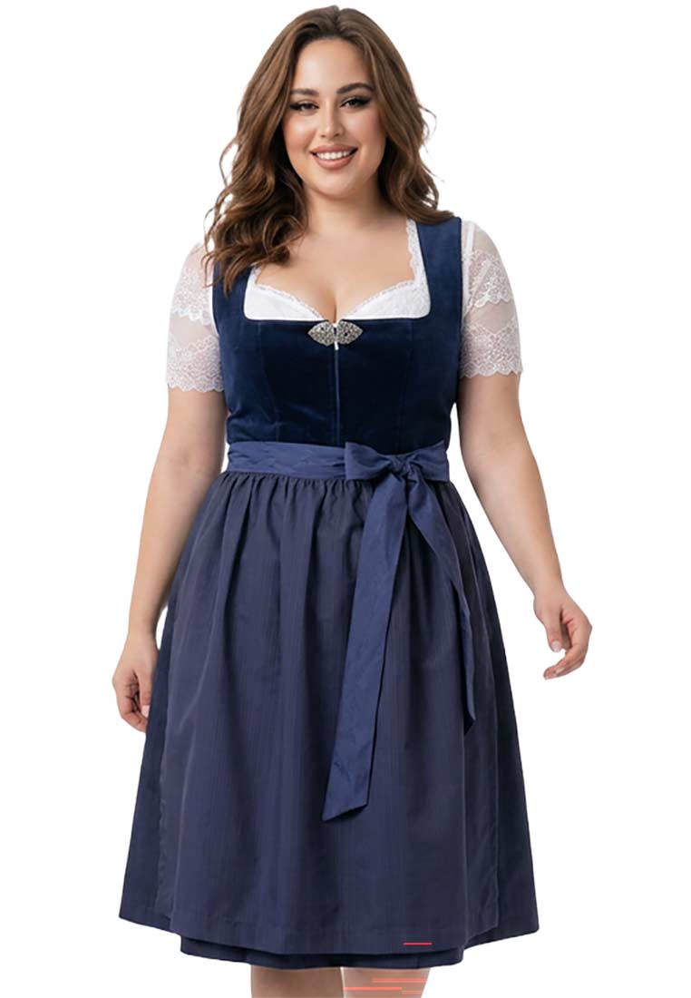 MarJo Trachten Dirndl Mönchsroth marine 70cm in marineblau. Frontansicht eines eleganten Dirndls mit Schnürung und Schürze, kombiniert mit weißer Bluse.