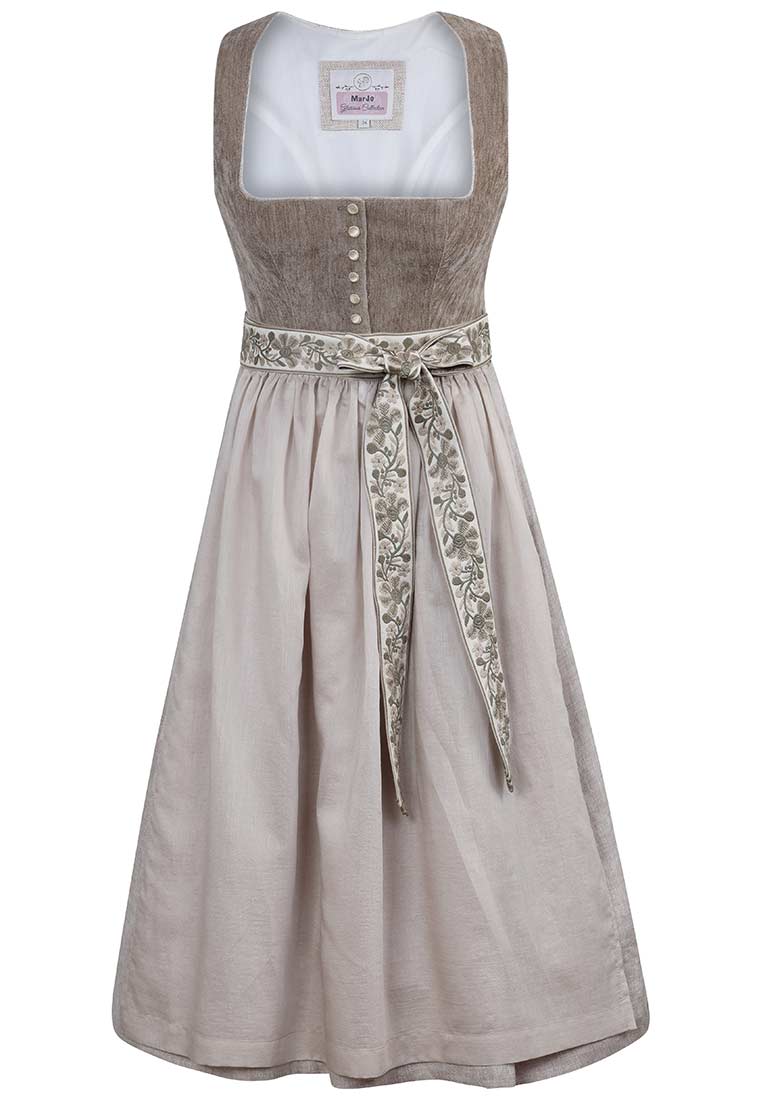 Marjo Dirndl Leopoldsdorf taupe 65 cm in Frontansicht, mit einem bestickten Band in der Taille und Knöpfen am Mieder.