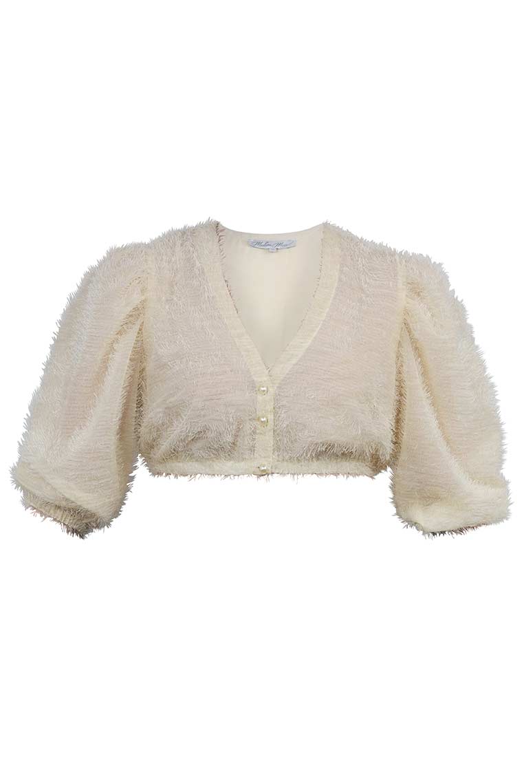 Madame Marie Dirndlbluse Kühbach gelb, Frontansicht. Eine kurze Strickjacke in hellem Gelb mit V-Ausschnitt und Knopfleiste.