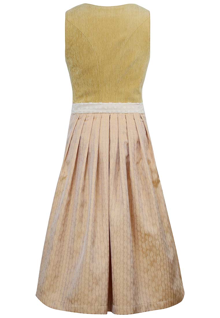 Rückansicht des Marjo Dirndl Wolfersdorf in Safrangelb. Das Dirndl hat einen runden Halsausschnitt, einen kurzen Schnitt und einen geblümten Bund, der den Rockteil abtrennt.