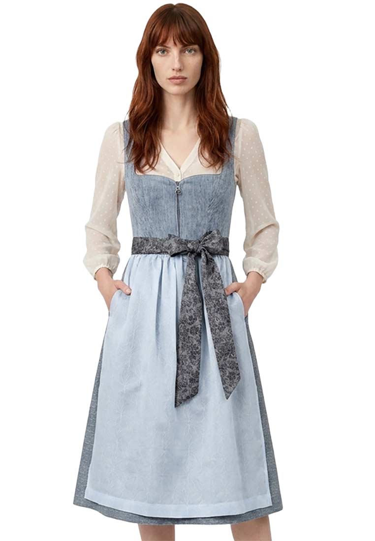 MarJo Trachten Dirndl Buchkirchen himmelblau 65 cm in Frontansicht, mit blauem Oberteil, hellblauem Rock und grau gemustertem Schürzenband. Deutlich erkennbare Seitentaschen.