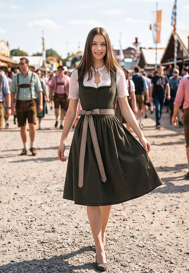 MarJo Trachten Dirndl Reichenfels dunkelgrün 65 cm, Frontansicht. Das Dirndl hat einen Rundhalsausschnitt, einen Reißverschluss vorne und einen Bindegürtel.