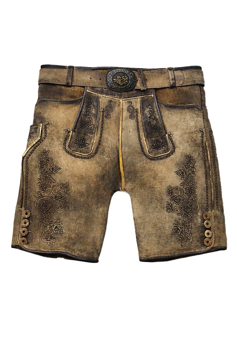 Maddox Lederhose Goliath eiche Frontansicht in Braun. Die Hose hat Gürtelschlaufen, eine Schnalle und aufwändige Stickereien an den Seiten und vorne.