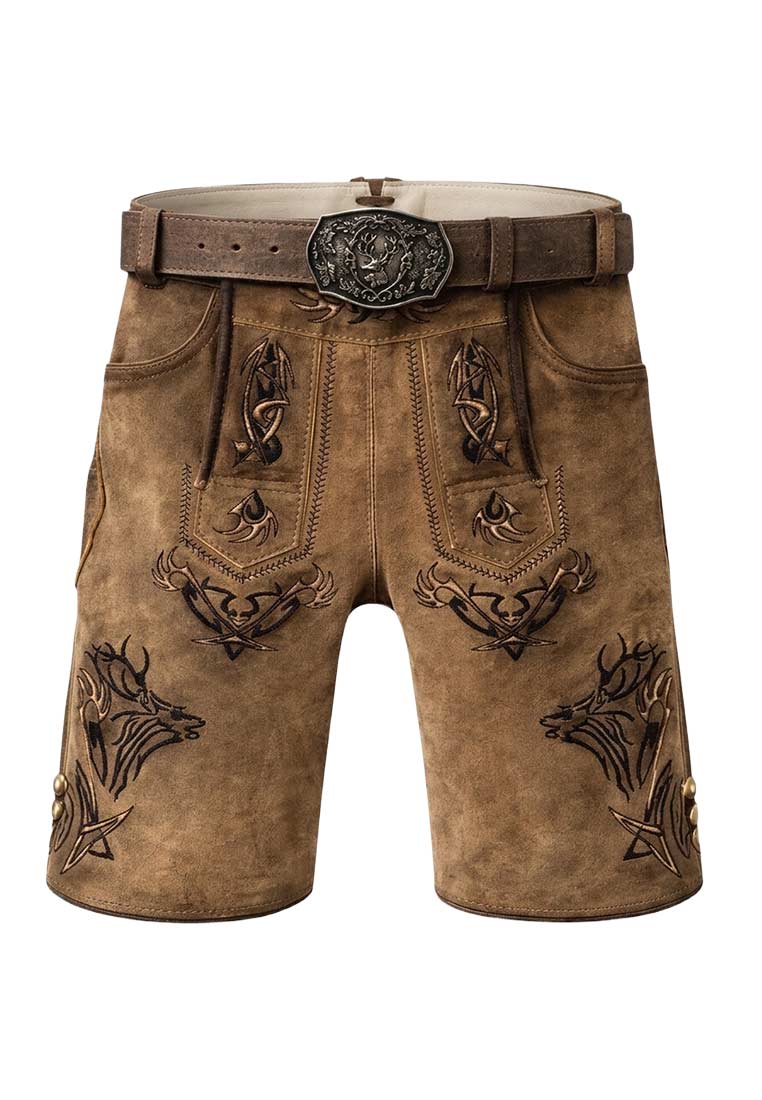 Maddox Lederhose Felixsee sahara in brauner Vorderansicht mit Gürtel, aufwendiger Stickerei und seitlichen Knöpfen.