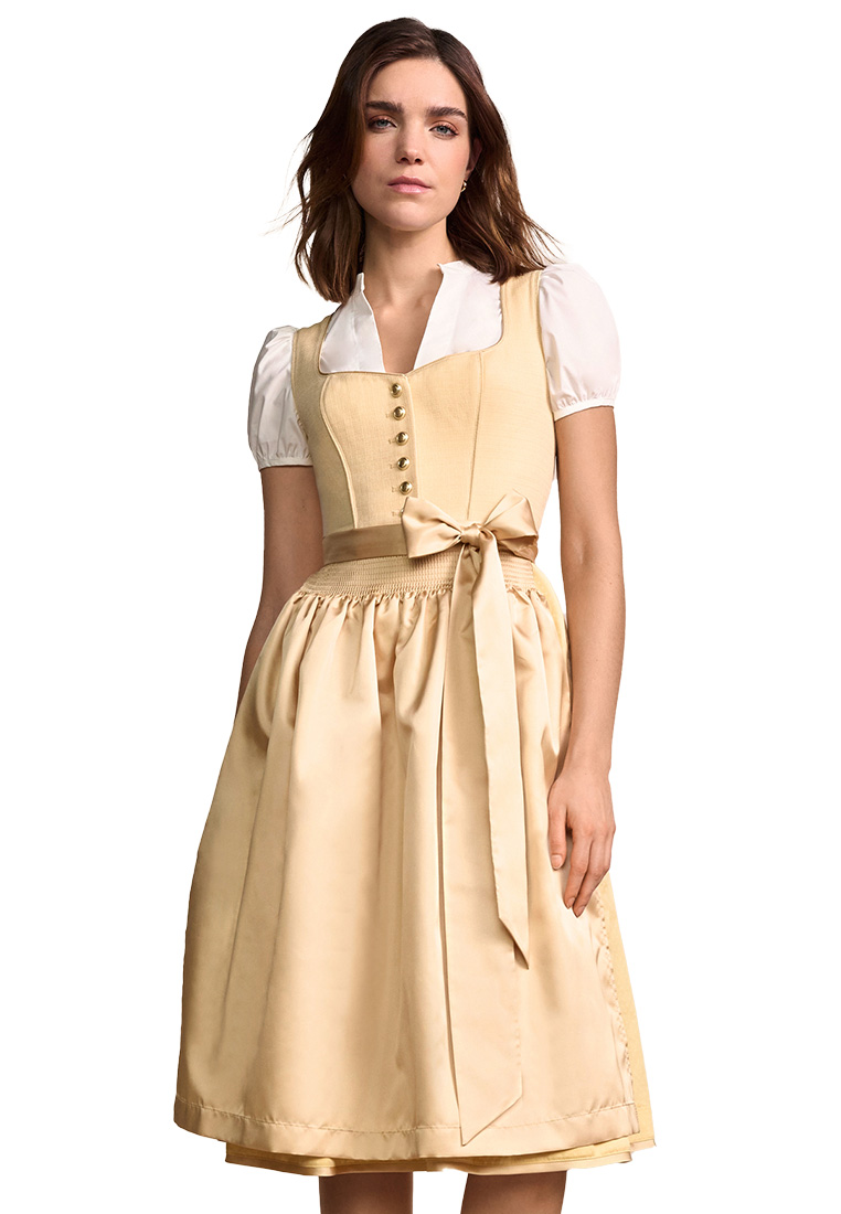Frontansicht des Krüger Dirndls Miralys in Gelb mit Schnürung und Schürze, einem schicken Trachtenkleid für Damen.