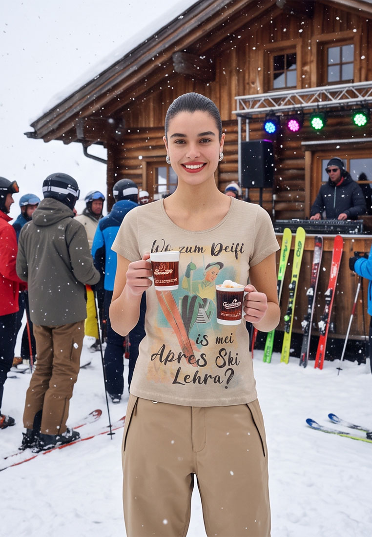 Hangowear Damenshirt Apres Ski in Beige, Frontansicht. Das Shirt hat einen Rundhalsausschnitt und einen bedruckten Aufdruck.