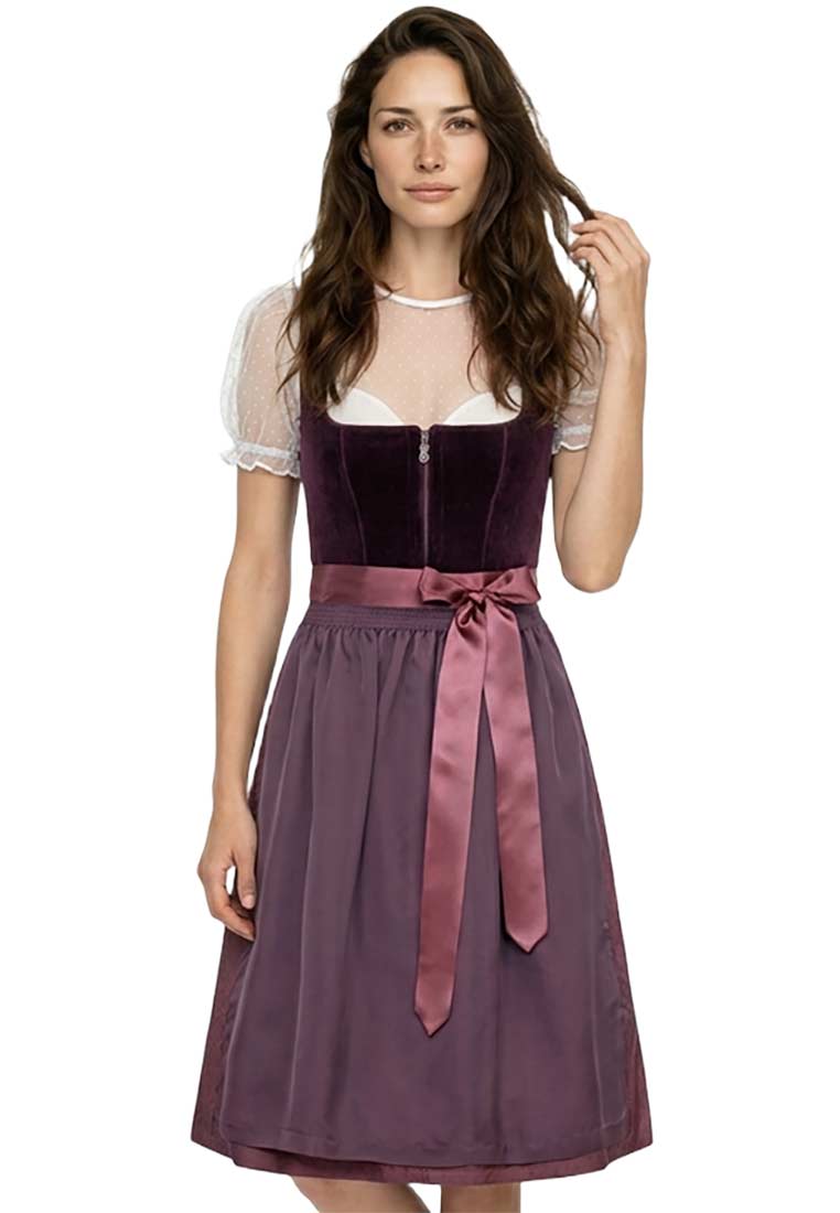 Marjo Dirndl Bidingen 70cm pflaume Damen Trachtenkleid Frontansicht in pflaume mit Reißverschluss und Satinband.