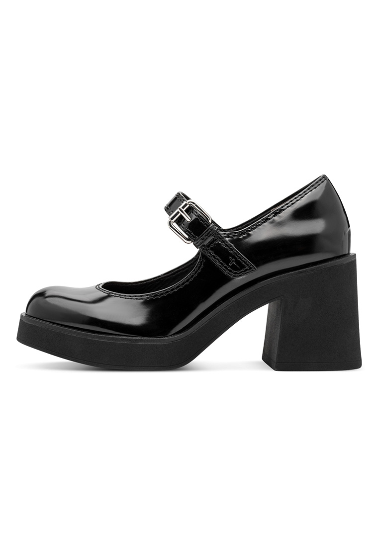 Tamaris Mary Jane Pumps schwarz, Seitenansicht. Hochwertige Damen-Pumps mit verstellbarem Riemen und moderner Plateau-Sohle.