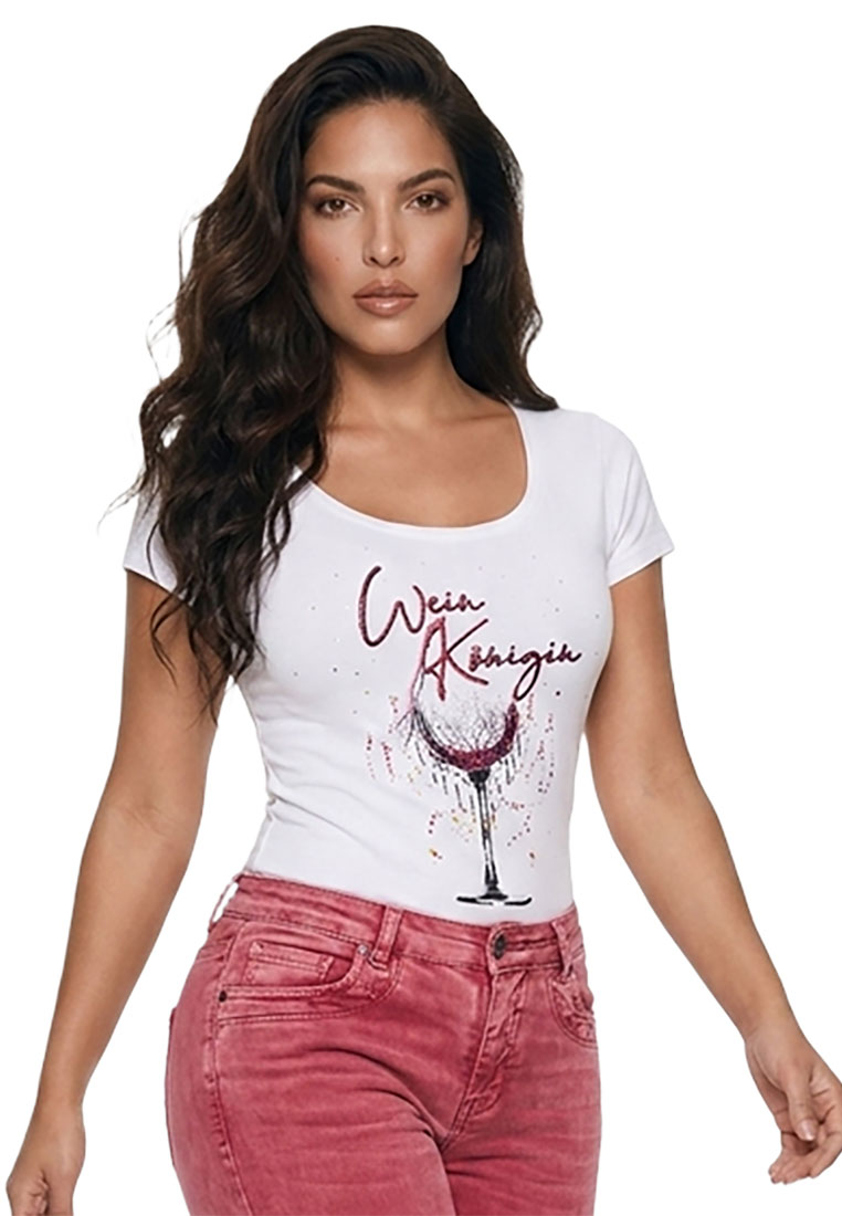 Hangowear Damenshirt Weinkönigin in Weiß mit Aufdruck eines Weinglases und Schriftzug, Frontansicht. Das Shirt hat einen Rundhalsausschnitt und kurze Ärmel.