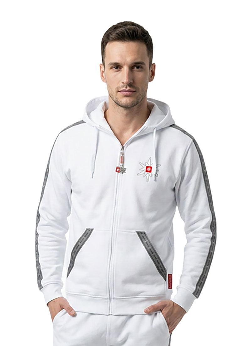 Landjäger Edelweiss Hoodie Kapuzenjacke in Weiss und Anthrazit. Frontansicht mit durchgehendem Reissverschluss und seitlichen Taschen mit Anthrazitband.