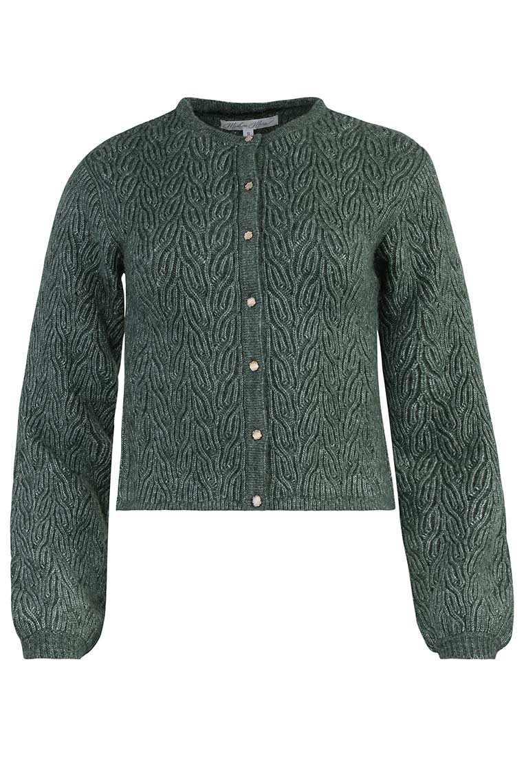 Madame Marie Trachtenstrickjacke Avenara Grün: Frontansicht einer grünen Strickjacke mit durchgehendem Knopfleistenverschluss und einem kunstvollen Strickmuster.