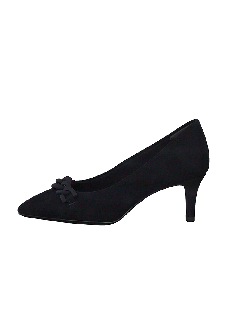Tamaris Pumps schwarz, Seitenansicht eines eleganten Schuhs mit spitzer Kappe und mittelhohem Absatz.