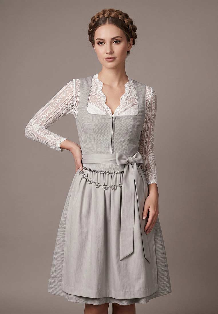 Alpenflüstern Dirndl Schürzenkette Brezenherz silber in Frontansicht mit Reißverschluss und breitem Satinband.