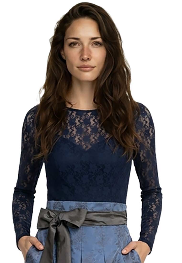 Frontansicht des Marjo Bodys Helma Dalinda in Dunkelblau, mit durchscheinendem Spitzenmaterial und langen Ärmeln.