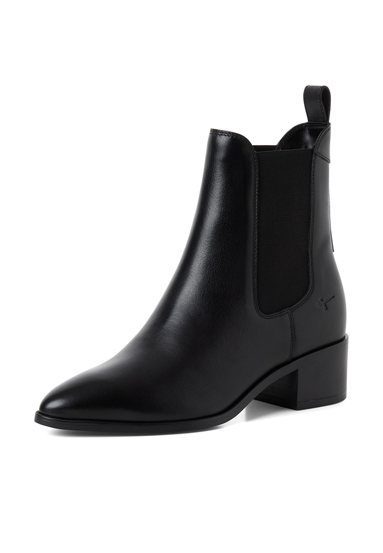 Tamaris Stiefelette Lory schwarz aus Leder, Seitenansicht. Diese elegante schwarze Stiefelette hat einen Blockabsatz und seitliche Elastikeinsätze.