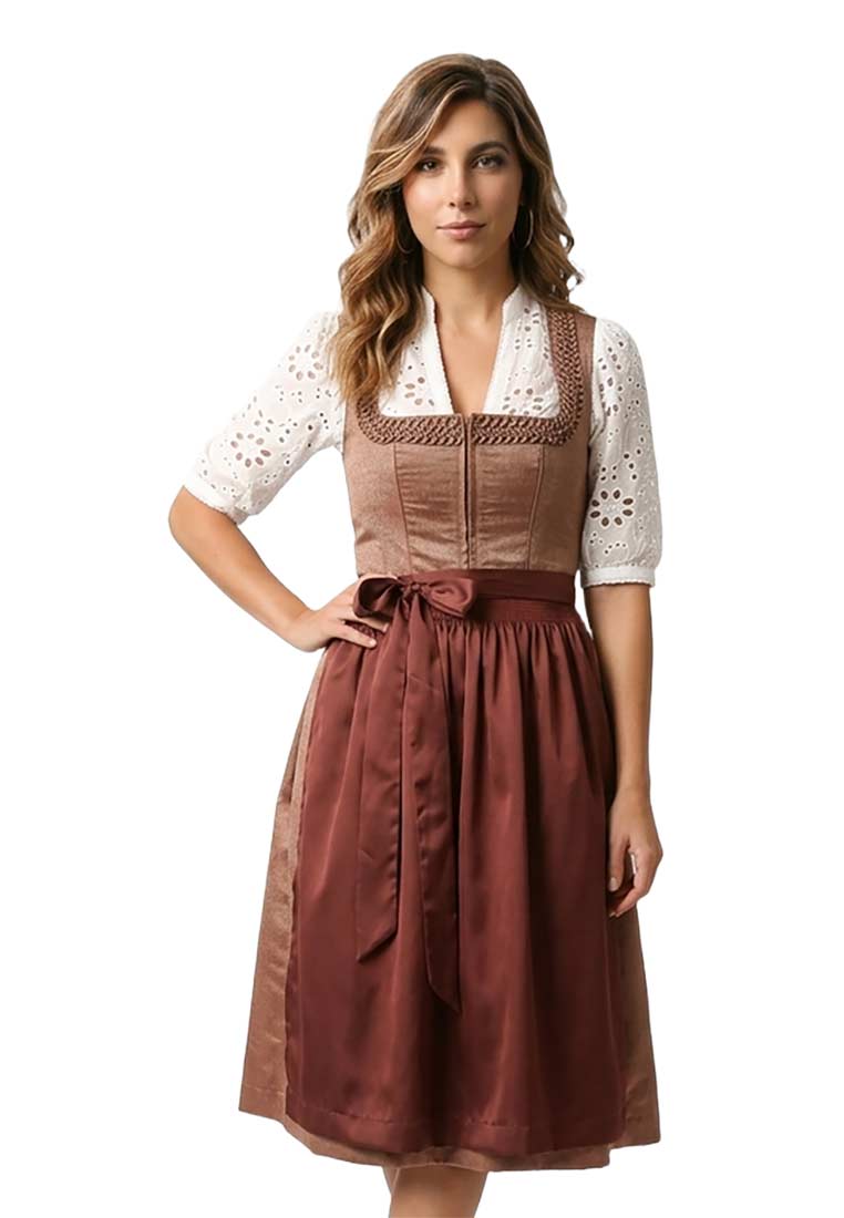 Trachten Deiser Dirndl Ria bordeaux 70 cm in Frontansicht. Elegantes Dirndl in Bordeaux mit silbernen Schnürsenkeln und weißer Bluse mit Lochstickerei.
