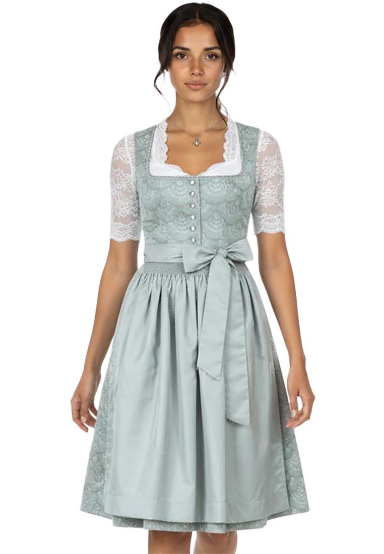 Bergweiss Dirndl Mariposa mintgrün 65cm: Frontansicht des mintgrünen Dirndls mit weißer Spitze und Satinband.