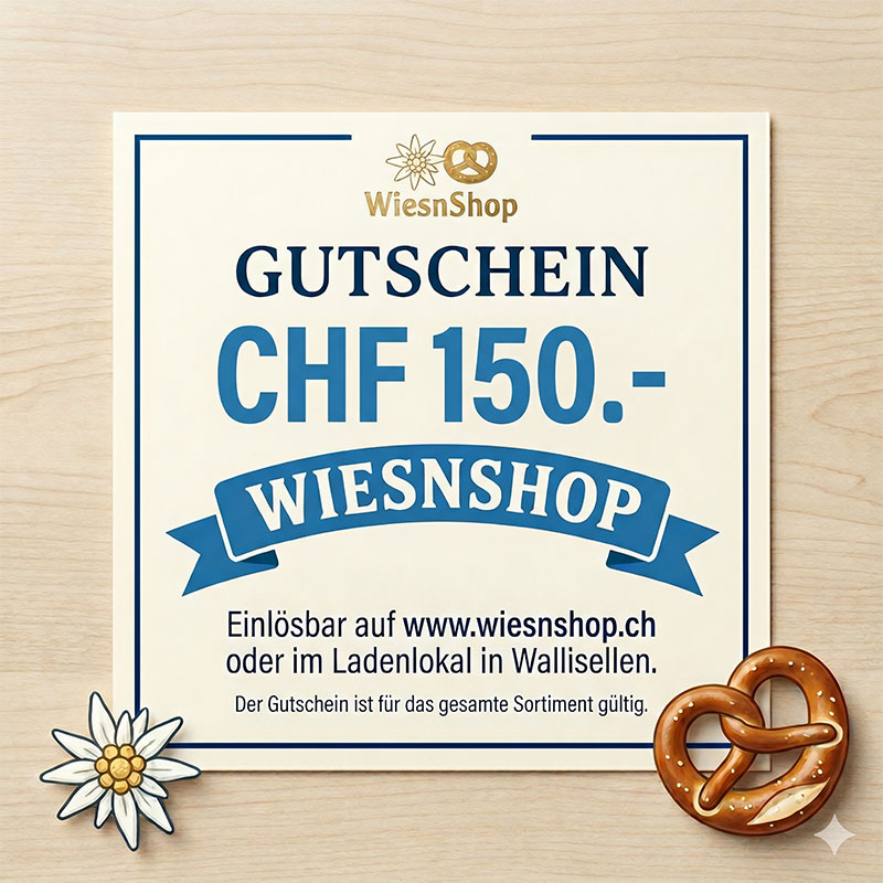 WiesnShop Gutschein im Wert von CHF 150.- im Querformat, mit blauem Rand, Alpenveilchen und Brezel-Dekoration. Frontansicht.