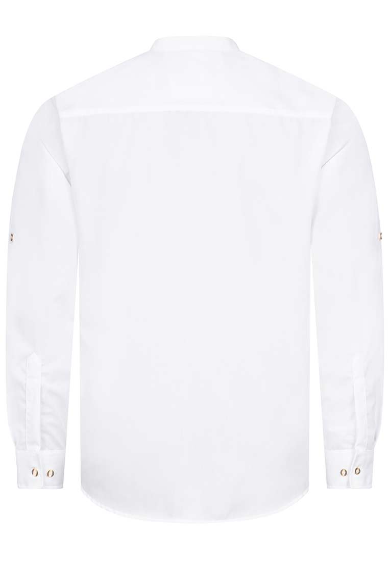 Krüger Trachtenhemd Niko weiss, Rückansicht eines eleganten, langärmeligen Hemdes mit Stehkragen und Manschetten mit zwei Knöpfen.