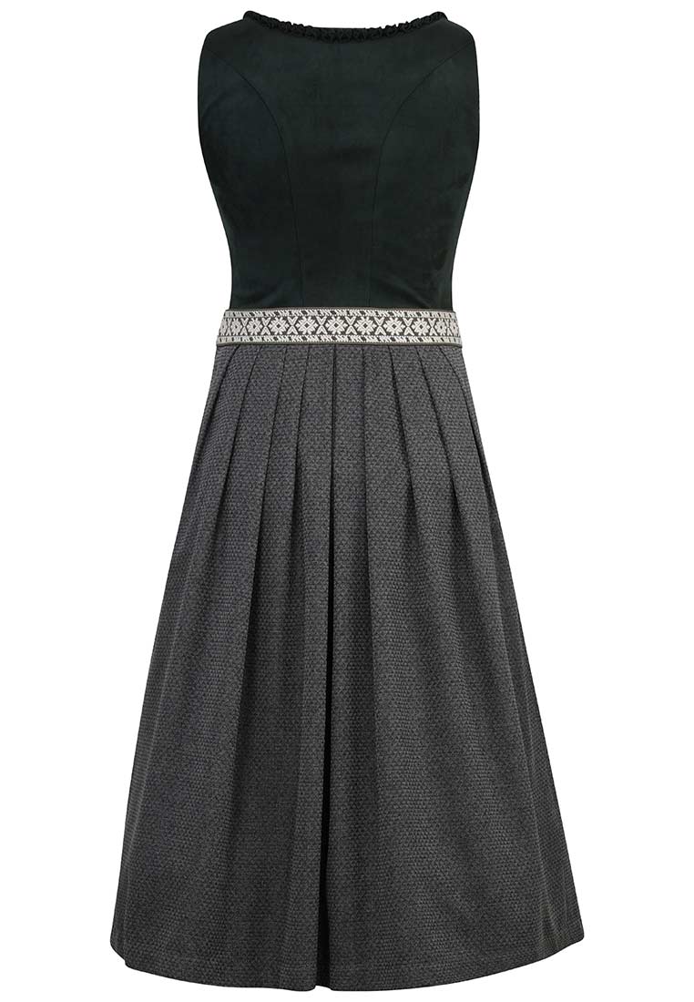 MarJo Trachten Dirndl Reichenfels dunkelgrün 65 cm im Frontansicht, mit dunkelgrünem Oberteil, silbernem Zierband und graubraunem Faltenrock.