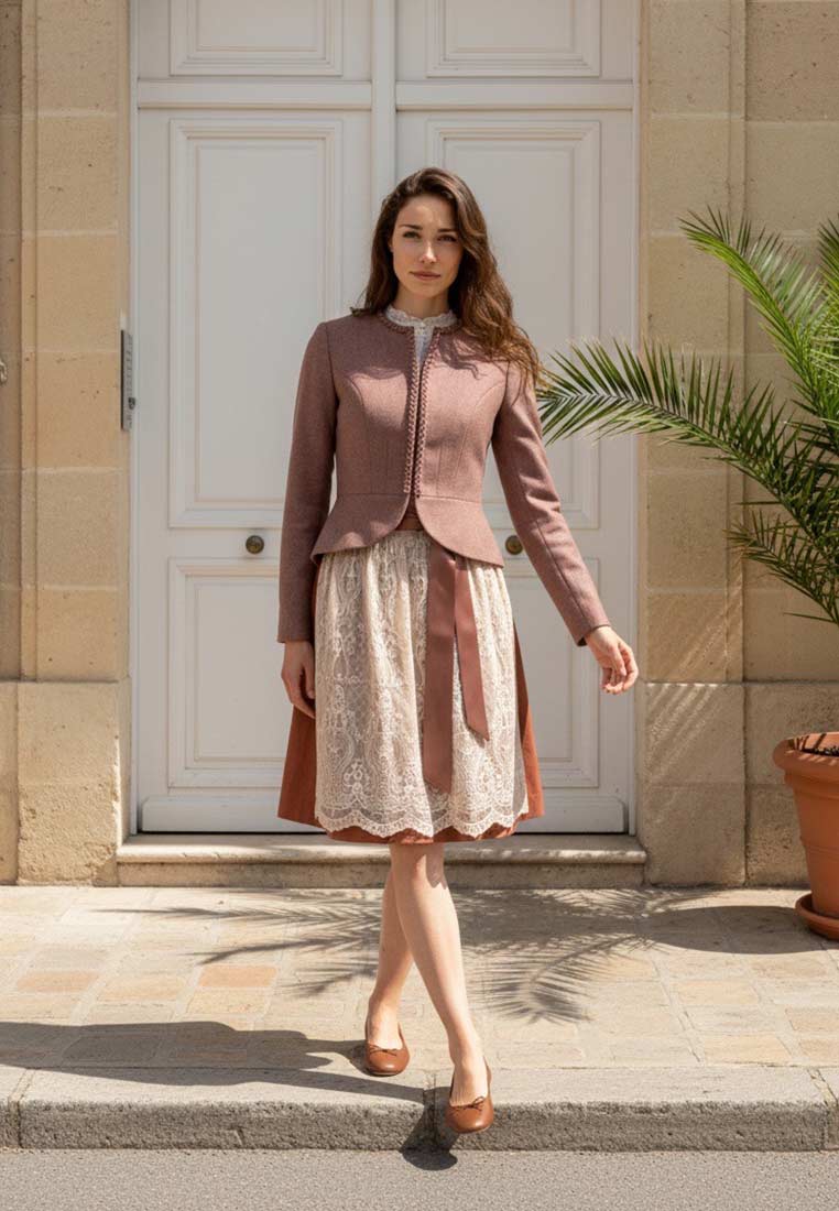 Krüger Trachtenjacke Virgina sand, Damen-Trachtenjacke in Sandfarben, elegante Frontansicht mit dezentem Kragenabschluss und langen Ärmeln.