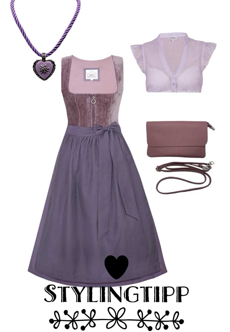 Marjo Dirndl Kirchham pflaume 70cm, Frontansicht mit Reißverschluss und Schleife.