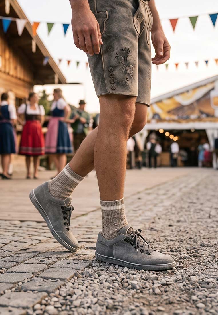 Maddox Herrenschuh sneaker Obersee stein in Grau, Seitenansicht mit Schnürung und sichtbaren Nähten. Stilvolle Freizeit- oder Trachtenschuhe.