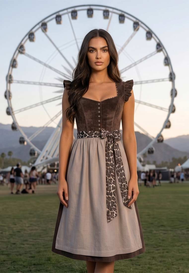MarJo Trachten: Dirndl Leo dunkelbraun 65 cm mit abnehmbaren Flügelärmeln, Frontansicht in Dunkelbraun und Grau mit Leo-Muster Band.