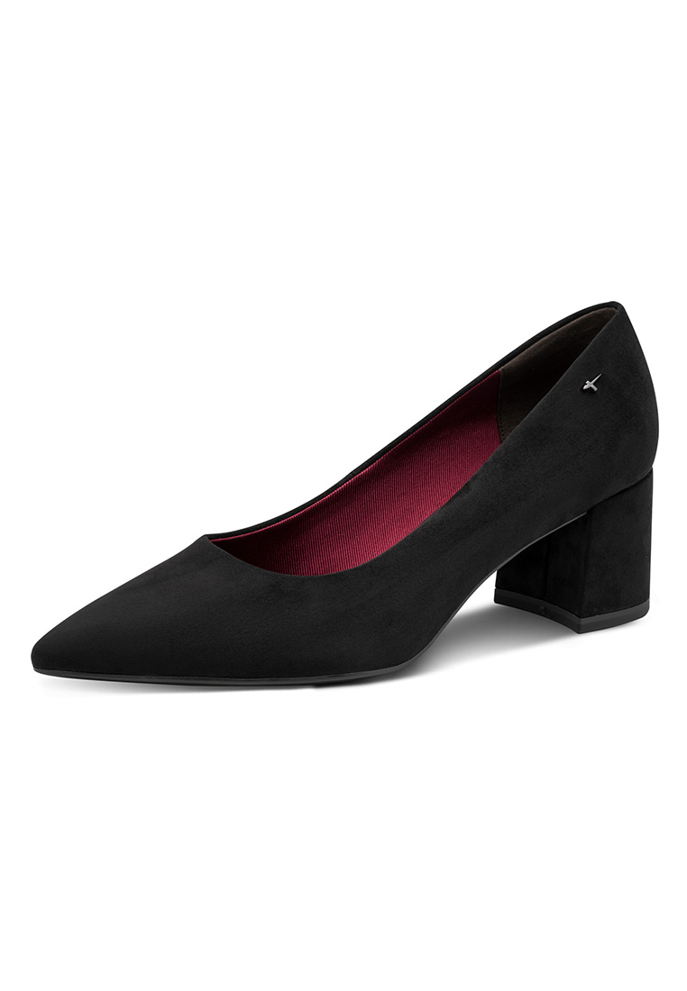 Tamaris Pumps Monique schwarz in Frontansicht. Ein eleganter Pumps aus schwarzem Velours mit Blockabsatz und spitzer Kappe.