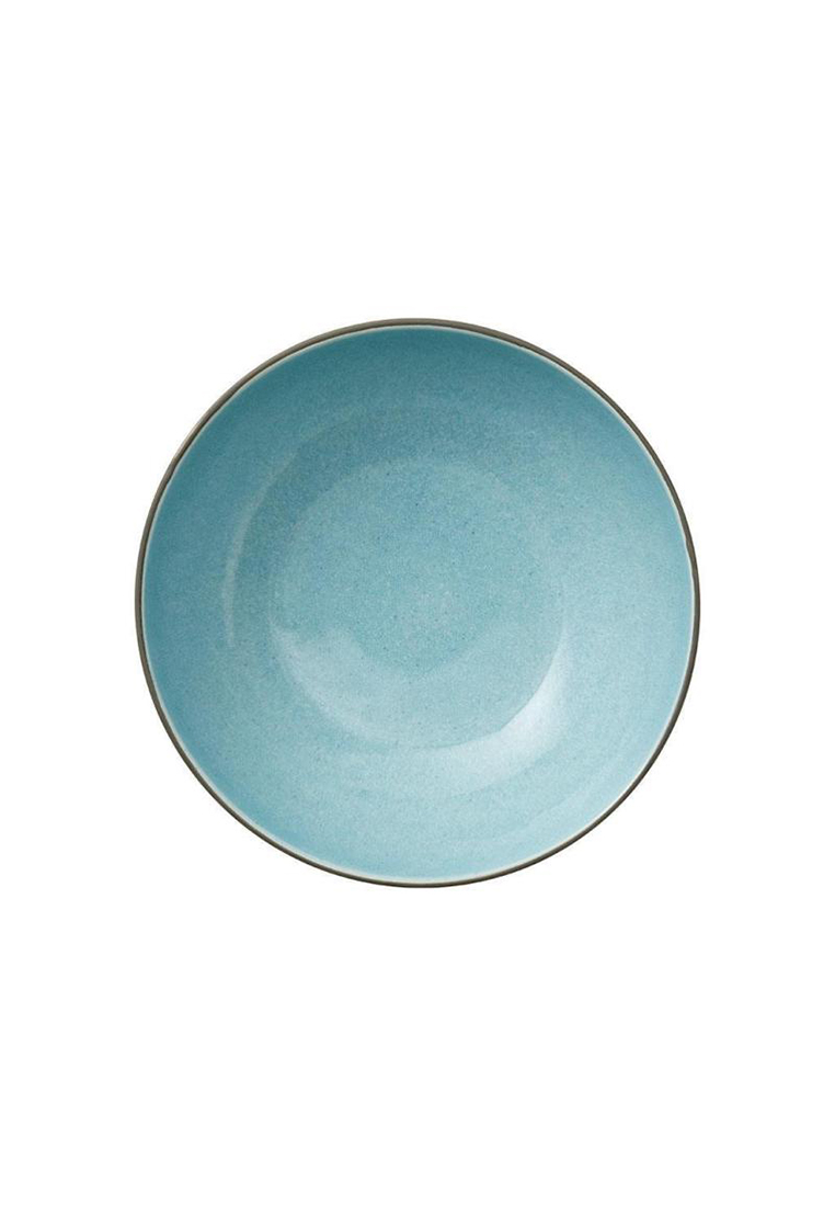 Bitz Bitz Salatschüssel Schwarz-Blau aus Steinzeug mit blauer Innenseite und dunklem Rand, von oben fotografiert.