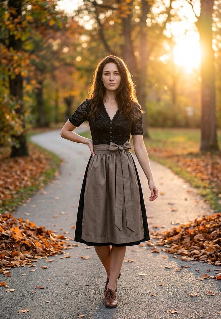 Trachten Deiser Dirndl Rosi braun 70 cm in Frontansicht mit braunem Rock und schwarzem Spitzenoberteil.